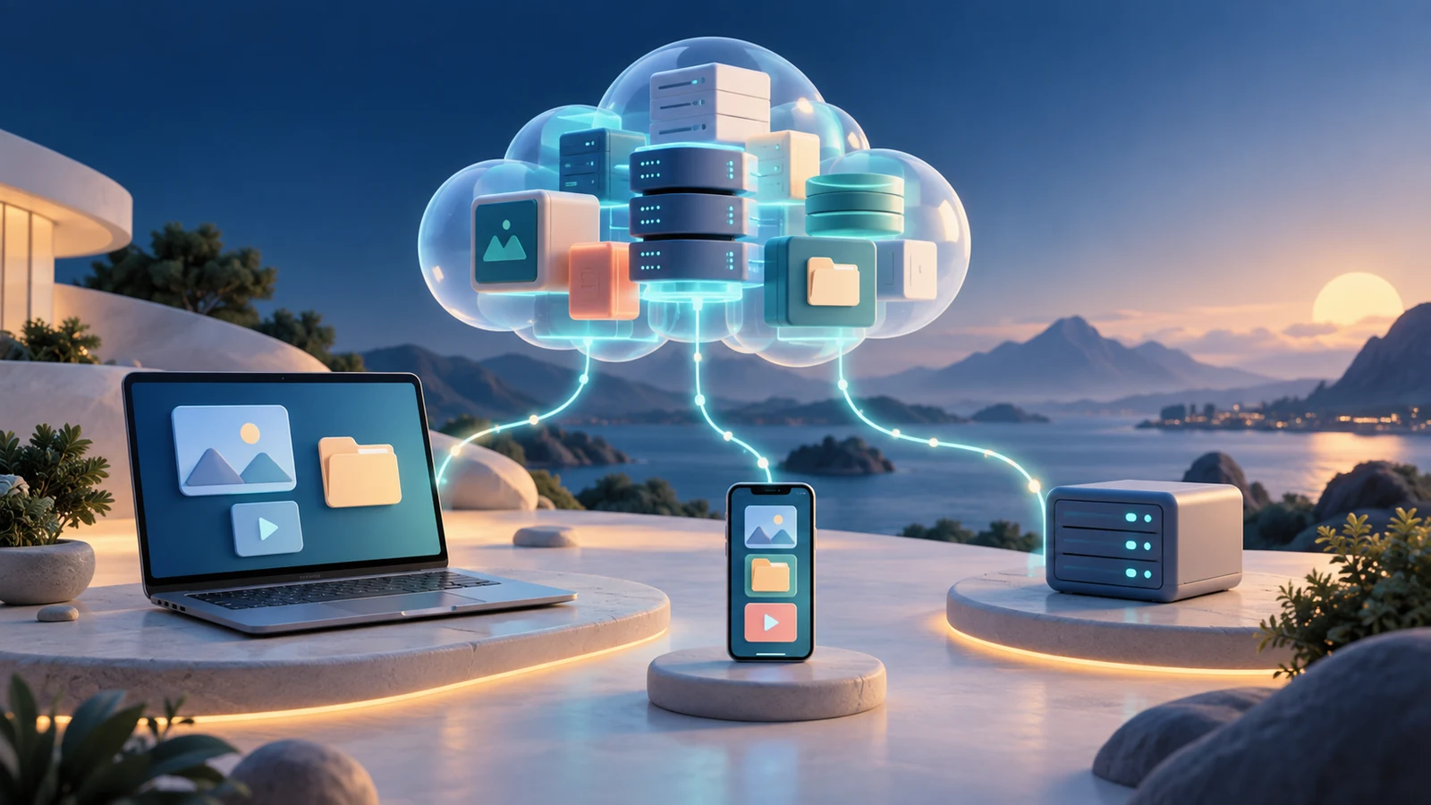 Aplikasi, data, dan server terhubung ke cloud dengan kontrol keamanan serta biaya